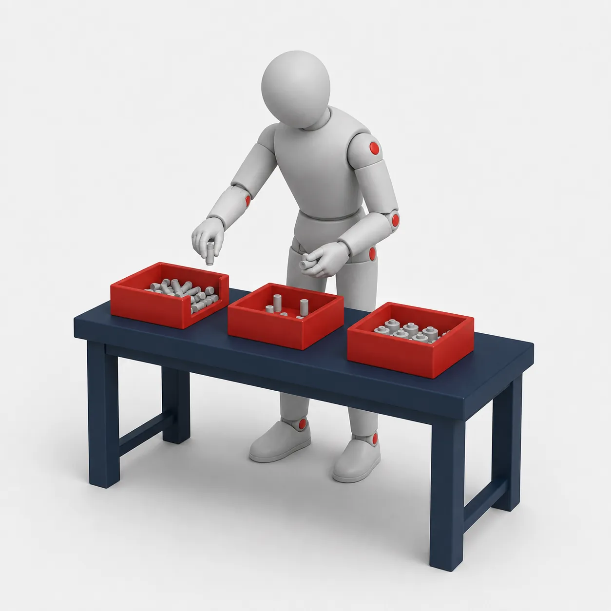 Maniquí articulado manipulando piezas pequeñas en una mesa de trabajo