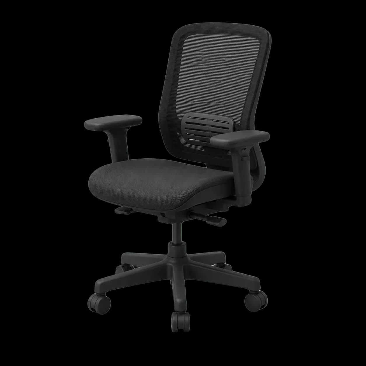 Silla ergonómica de oficina con respaldo de malla y apoyabrazos regulables, render 3D