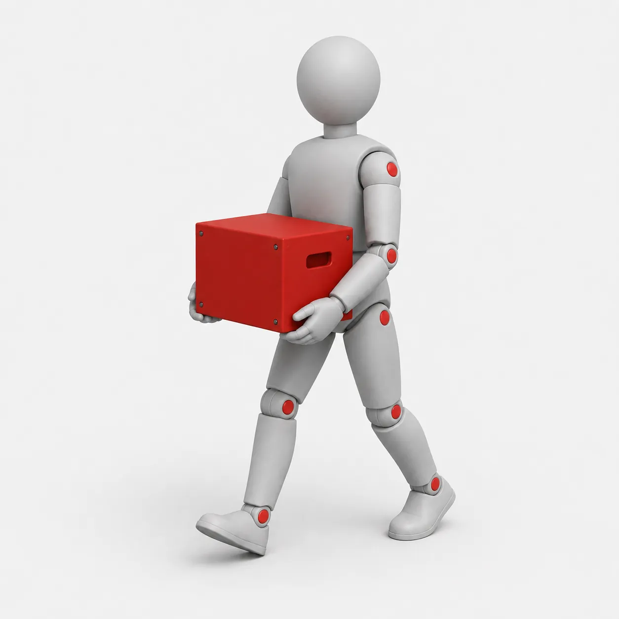 Maniquí articulado caminando mientras transporta una caja roja